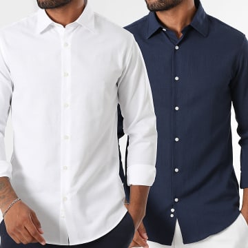 LBO - Lot De 2 Chemises Manches Longues Effet Lin 0014 0016 Blanc Bleu Marine